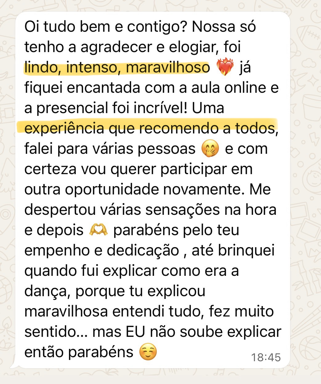 Mensagem de uma participante da Dança Somática 2