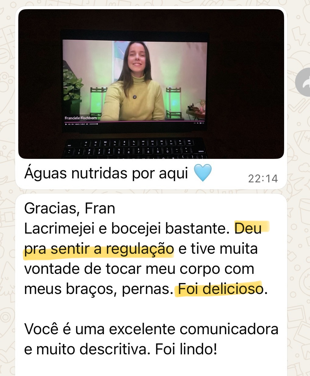 Mensagem de uma participante da Dança Somática 1